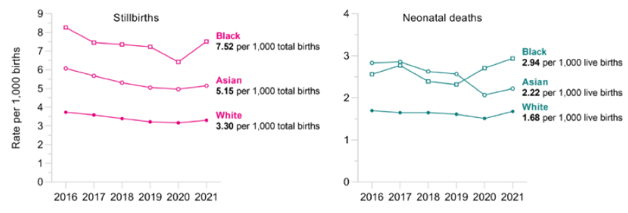 Line graph showing stillbirths per 1,000 births with 3.30 for 'white' people, 5.15 for 'asian', and 7.52 for 'black' people. Another line graph showing neonatal deaths as 1.68 per 1,000 live births for 'white' people, 2.22 for 'asian', and 2.94 for 'black' people