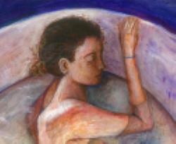Art by Sophie Jenna painting close-up of woman in a birthing pool