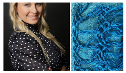colour photo of Julia Mihaylov and a close-up photo of a blue rebozo scarf