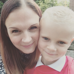 Close-up profile picture of lydia and her son around age 3