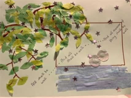 Mary Nolan's birth art made of tissue paper, felt tips and confetti stars